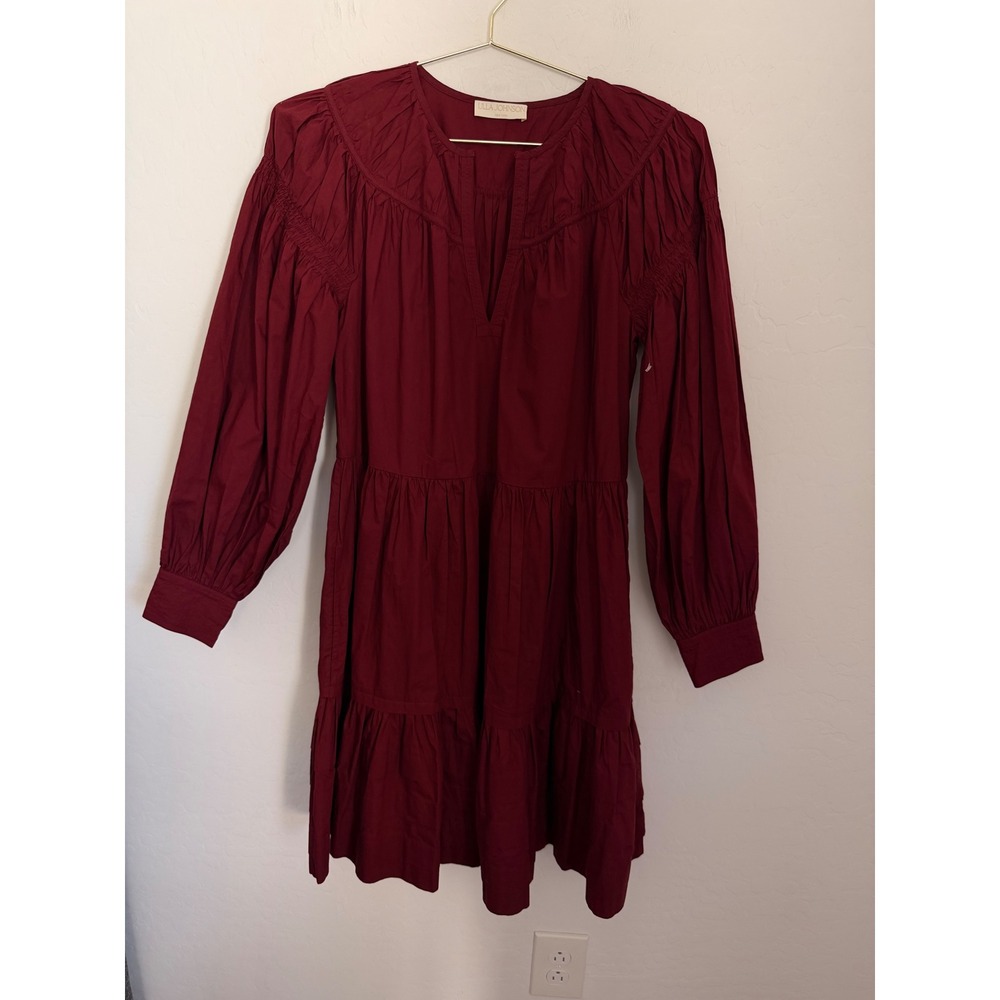 Ulla Johnson Rosa Cotton Tiered Mini Dress Balloon Sleeve Size 4 Burgundy NWOT